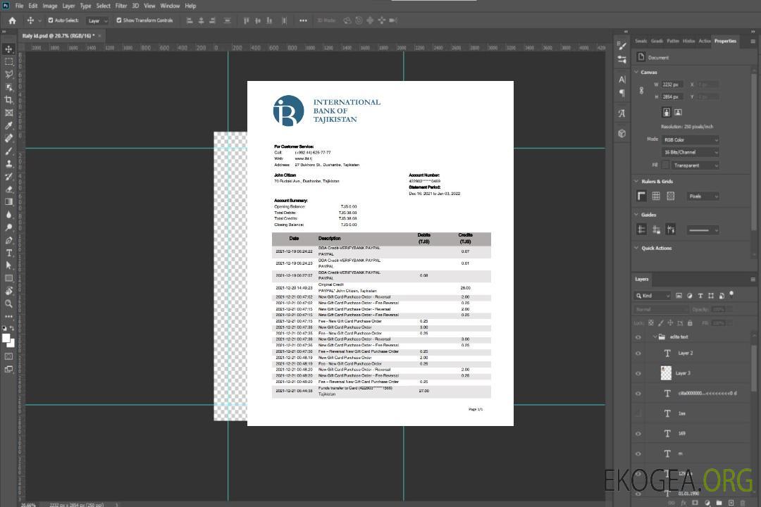 Relevé bancaire ITB du Tadjikistan template Relevé bancaire ITB du Tadjikistan template